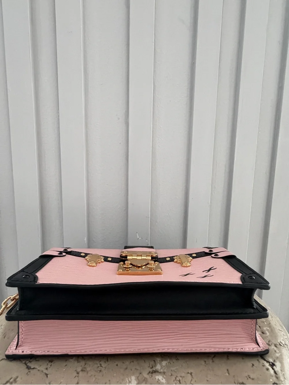 Authentic Louis Vuitton M53191 Petite Malle Clutch/Crossbody Black and Rose Pink